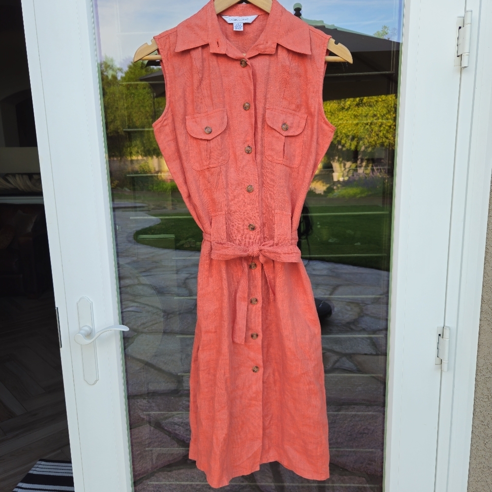 100% LINEN  button up tie waist coral dress, sleeveless w collar 052 - Picture 6 of 8